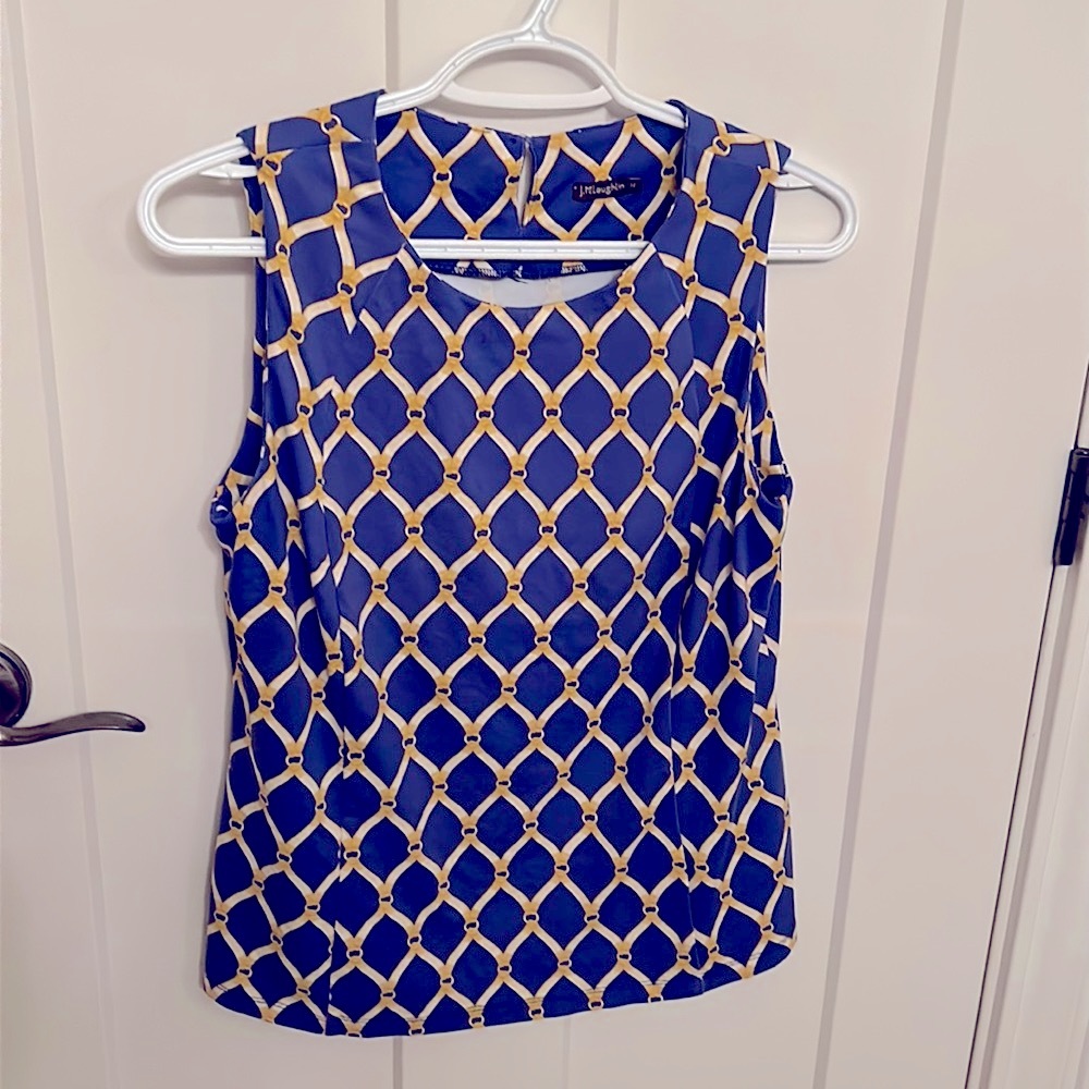 Luxe blue and gold J McLaughlin size medium equestrian sleeveless top